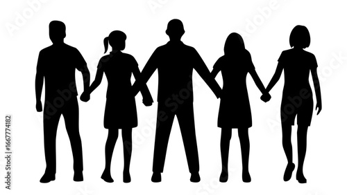 Unified Together: Silhouettes of a diverse group stand united, holding hands and symbolizing the strength and cohesion found in unity, against a neutral backdrop. 