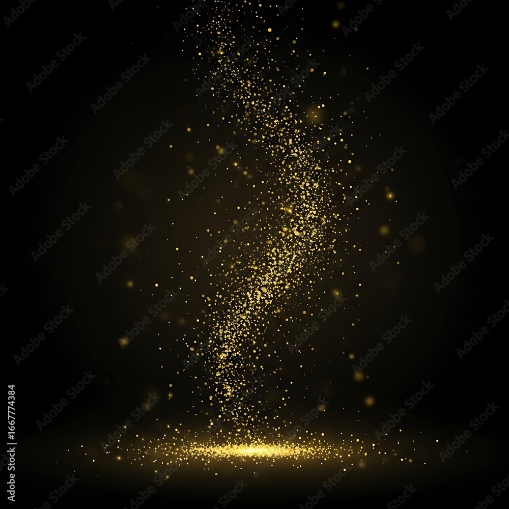 Fototapeta premium Golden particles swirl on dark background