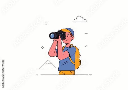 Tourist capturing landscapes in a vibrant scene, perfect for travel brochures and vacation advertisements. Suitable for travel blogs.