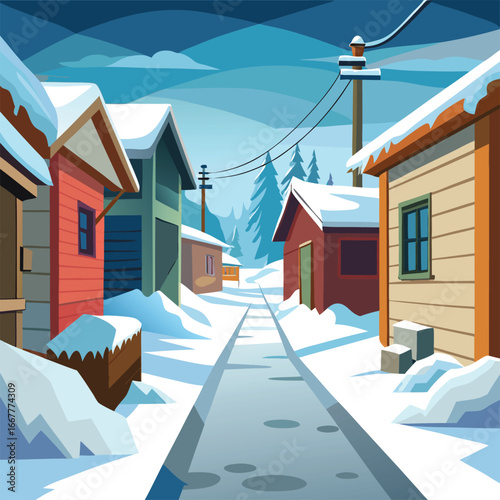 small village alley covered in snow