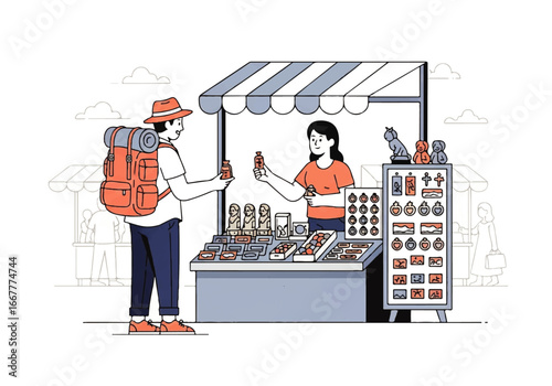 Tourist shopping at a souvenir stand in an outdoor market. Suitable for travel, shopping, souvenirs, tourism, market, and vacations.