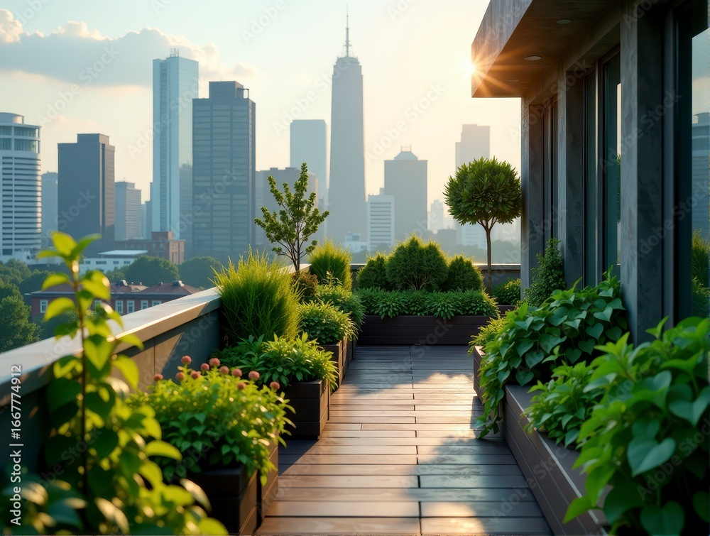 Fototapeta premium A lush rooftop garden overlooking a city skyline during a warm sunset.