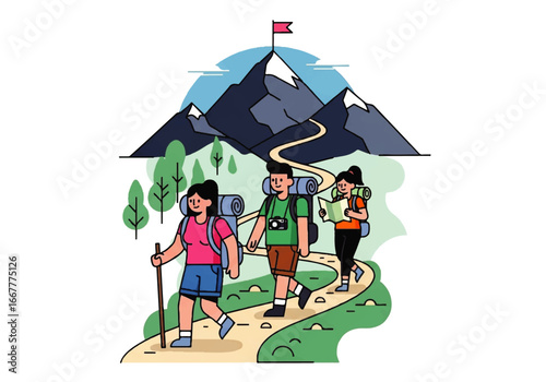 Hikers trek towards a snowy mountain summit with a flag ideal for adventure, exploration, achievement concepts in designs. 