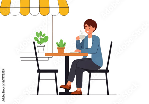 Man savoring coffee outside a caf in france, perfect for caf promotions, travel blogs, and lifestyle publications with european themes.