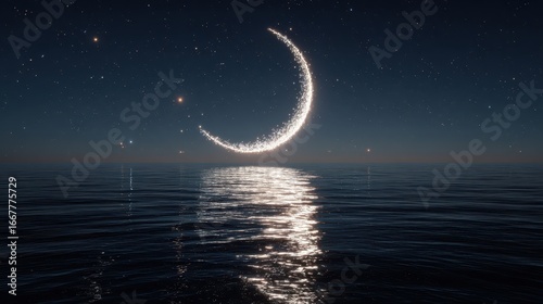 Crescent Moon Sparkles Over Dark Ocean at Night with Starry Sky Reflection