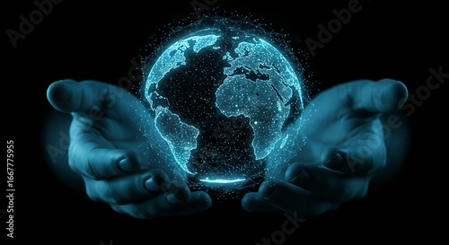 Hands nurture a luminous digital Earth symbolising global connectivity.