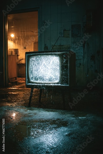 Vintage TV with Static in Abandoned Room with Puddles and Rain