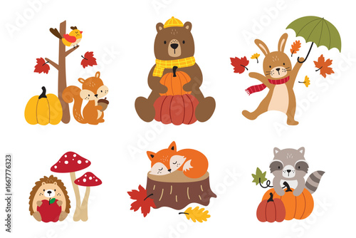 Vector illustration set of cute woodland animals (bear, fox, raccoon, rabbit, squirrel, hedgehog, bird) in an autumn forest with pumpkins and fall leaves.