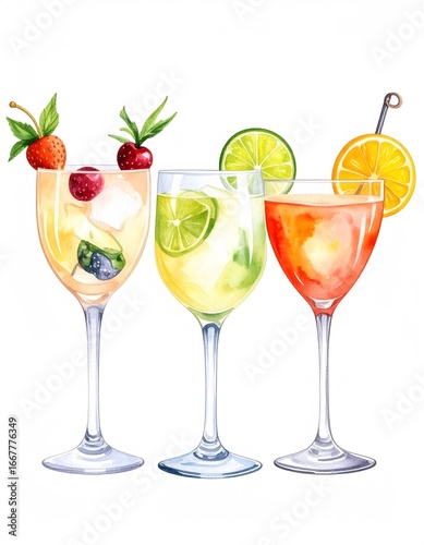 Wallpaper Mural Watercolor Cocktails: Three Elegant Drinks with Fruit Garnishes on White Background Torontodigital.ca