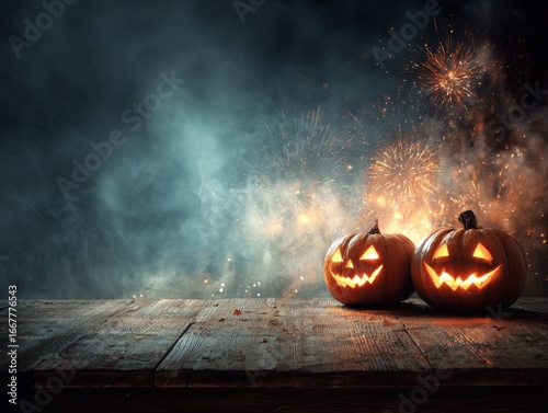 Glistening Jack-o'-Lanterns Sit on a Rustic Table Beneath a Display of Colorful Fireworks, Illuminating the Halloween Spirit in a Spooky Atmosphere
