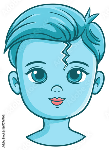 Cartoon character head with blue skin and scar