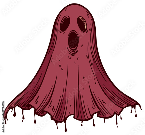 Scary cartoon ghost with a gaping mouth and empty eye sockets in a deep red color