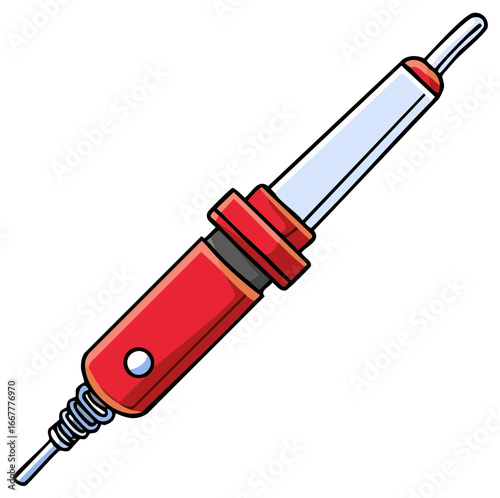 Illustration of a red soldering iron with a metal tip and power cord