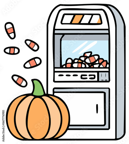 Autumnal pumpkin, pills, and arcade machine illustration