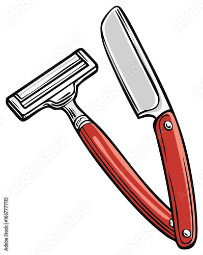 Illustration of two grooming tools a classic straight razor and a modern safety razor with red handles