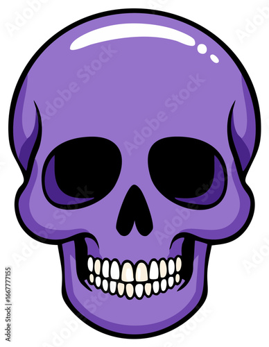 Illustration of a cartoon purple skull with black eye sockets and teeth