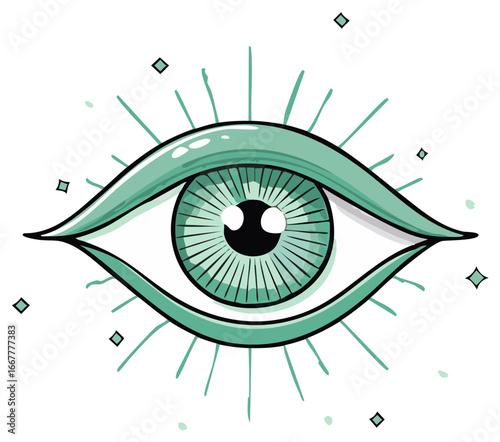 Mystical teal eye symbol with radiating lines and geometric sparkles, representing intuition, awareness, and cosmic connection in a modern cartoon style