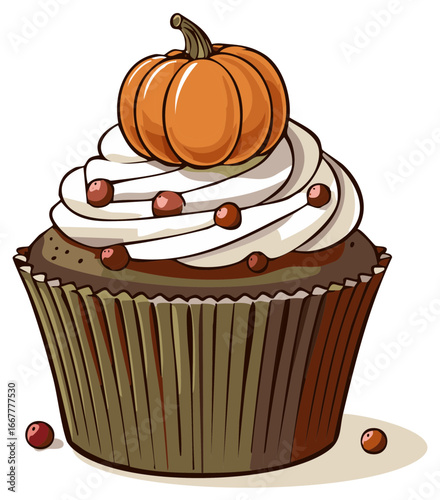 Pumpkin spice cupcake with whipped cream and autumnal berry accents.