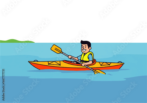 Person in yellow kayak paddling on blue water suitable for outdoor, adventure, water sports themes, travel brochures, and websites.