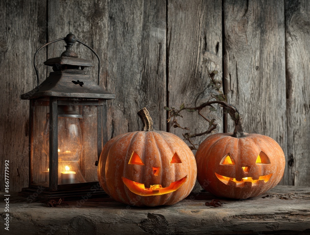Obraz premium Spooky Autumn Scene Featuring Illuminated Jack-o'-Lanterns and Vintage Lantern Set Against a Rustic Wooden Background