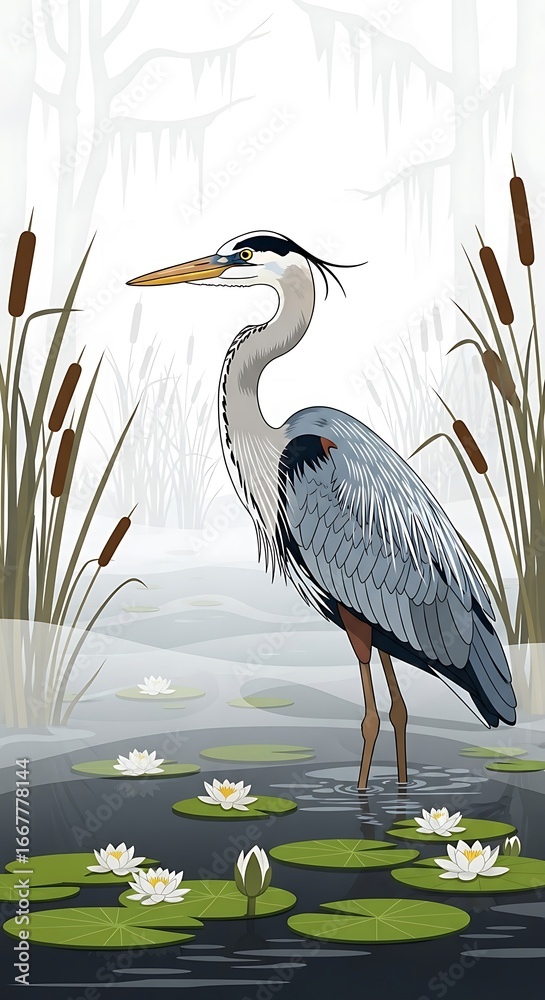 Fototapeta premium Heron in a misty swamp
