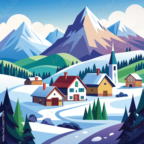 snowy village with distant mountains