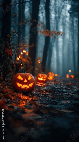 Mysterious Halloween Forest with Glowing Jack-O'-Lanterns Illuminating a Foggy Path Among Autumn Leaves