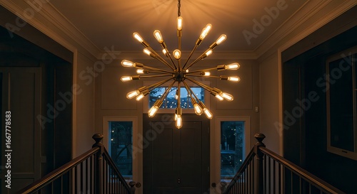 Opulent gold chandelier casts warm radiance across an elegant foyer.