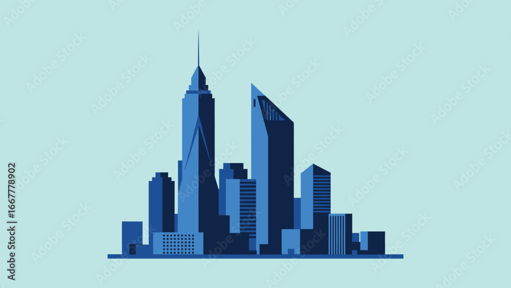Fototapeta premium A minimalistic business vector illustration featuring a modern office building skyline with sharp geometric shapes.