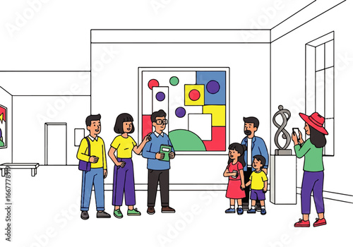 Group of people touring an art museum, enjoying culture and fine art. Suitable for promoting art exhibitions or cultural events.