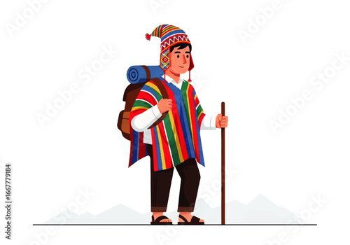 Man in traditional peruvian clothing treks through mountains. Perfect for travel brochures, cultural magazines, or adventurous website banners.
