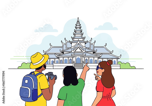 Two people admire the dusit maha prasat throne hall palace in thailand. Suitable for travel websites, cultural publications, and promotional materials.
