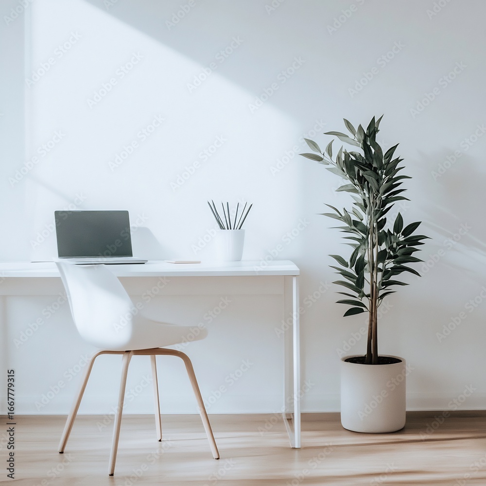 Fototapeta premium A minimalist home office with white furniture Design