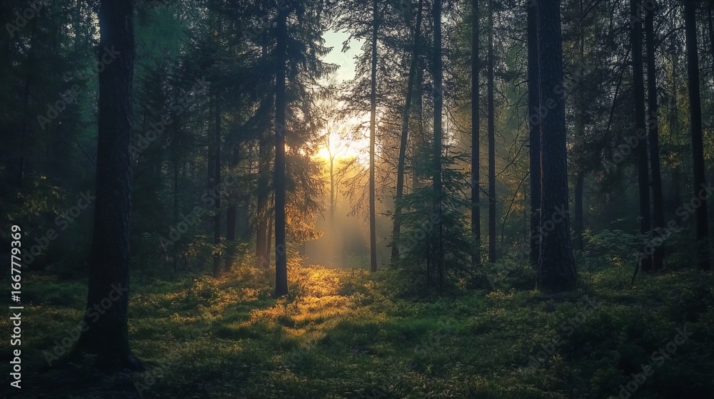 Obraz premium Golden sunlight filters through a misty forest