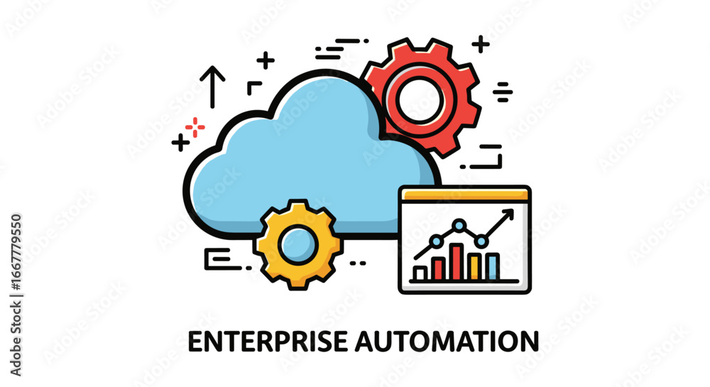 Obraz premium An illustration depicting enterprise automation with cloud computing, gears, and data analytics, symbolizing modern business technology solutions.