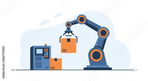 An advanced robotic arm precisely handles a package on an automated production line, symbolizing efficient industrial logistics and smart factory technology.