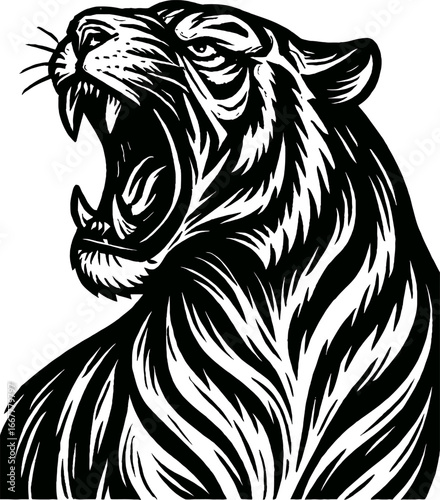A black and white illustration of a roaring tiger displaying sharp teeth and intense expression. The image highlights detailed stripes and strong