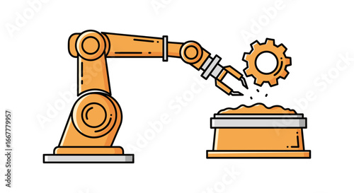 A modern orange industrial robotic arm precisely manipulates a golden gear above a container, symbolizing advanced manufacturing processes and factory automation.