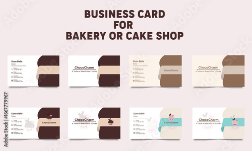 Front and back view of business card or horizontal template design set for bakery or cake shop. Template cover business card for restaurant, cafe or pastry shop.