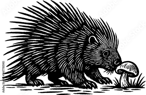 Black and white illustration of a porcupine interacting with a mushroom in a grassy environment