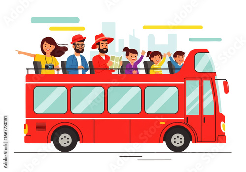Bright red double decker bus tours people through a city. Suitable for travel, tourism, transportation, urban exploration concepts.