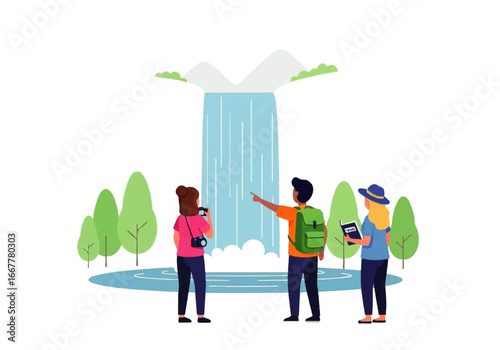 Three tourists enjoy a scenic waterfall in a lush forest. Perfect for travel blogs, nature websites, and vacation brochures.