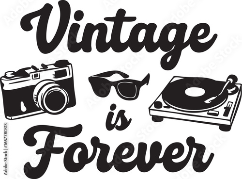 Vintage camera, sunglasses, turntable vector graphic - retro style design eps silhouette