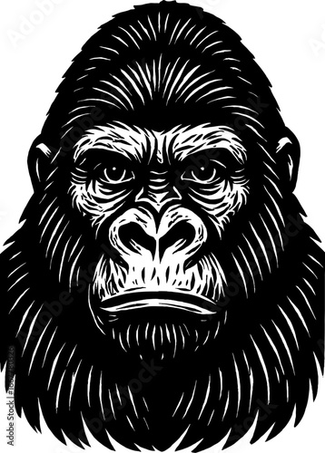 Detailed black and white illustration of a generic animal face front view with textured fur details and focused expression
