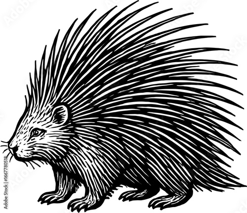 Detailed black and white illustration of a porcupine featuring a spiky body and detailed fur texture
