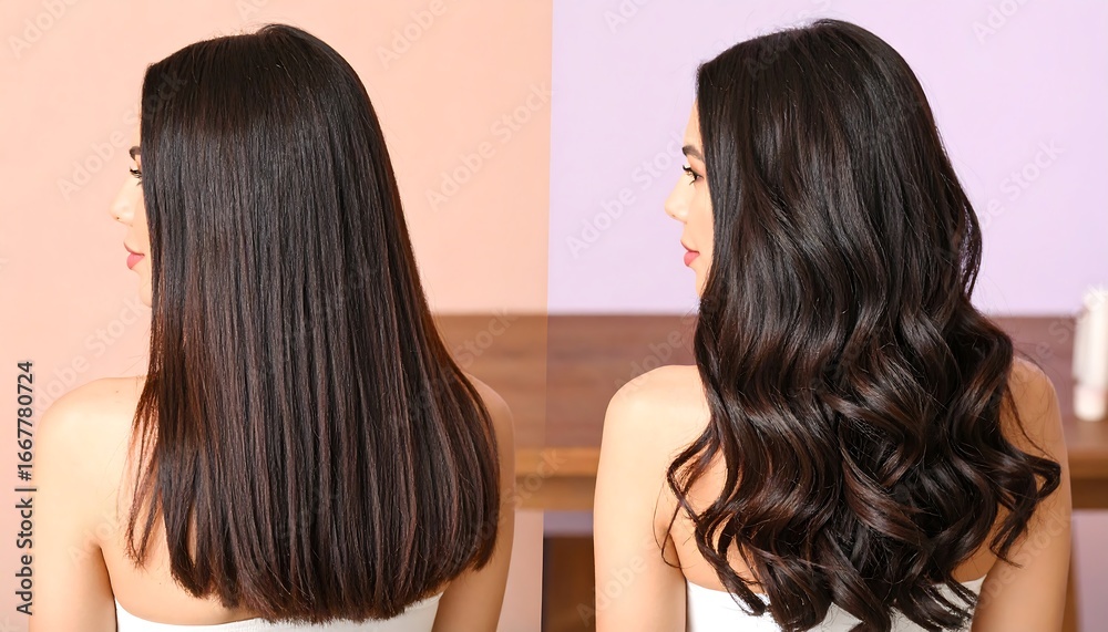 Fototapeta premium Womans Straight and Curly Hair Styles Comparison.