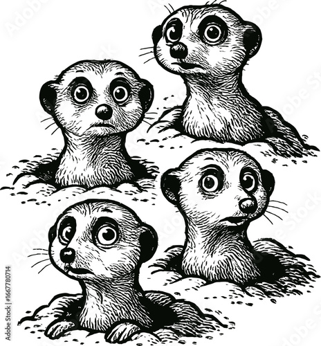 Illustration of four meerkats emerging from burrows rendered in black and white shows detailed fur and expressive eyes