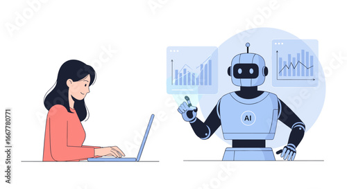 A professional woman collaborates with an advanced artificial intelligence robot, analyzing complex data and optimizing business strategies for future growth.