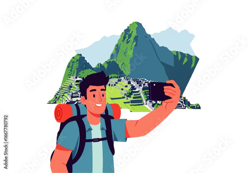 Smiling traveler captures machu picchu in selfie. Perfect for travel blogs, websites, and social media posts showcasing adventures.
