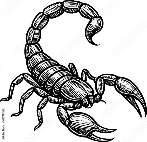 Detailed monochrome illustration of a creature with segmented body and pincers on white background